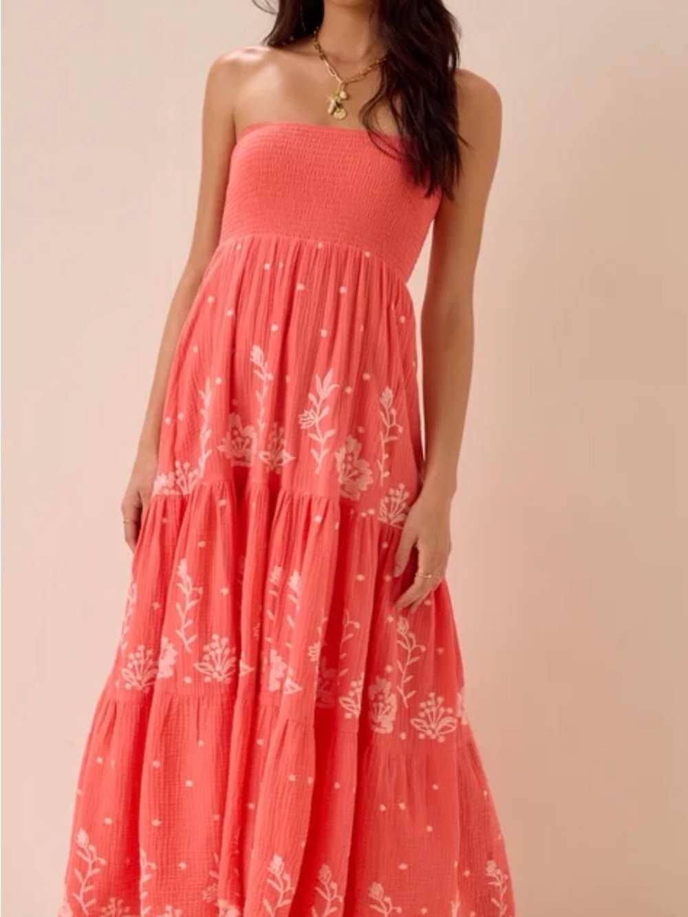 Altar'd State Coral Strapless Embroidered Maxi Dress